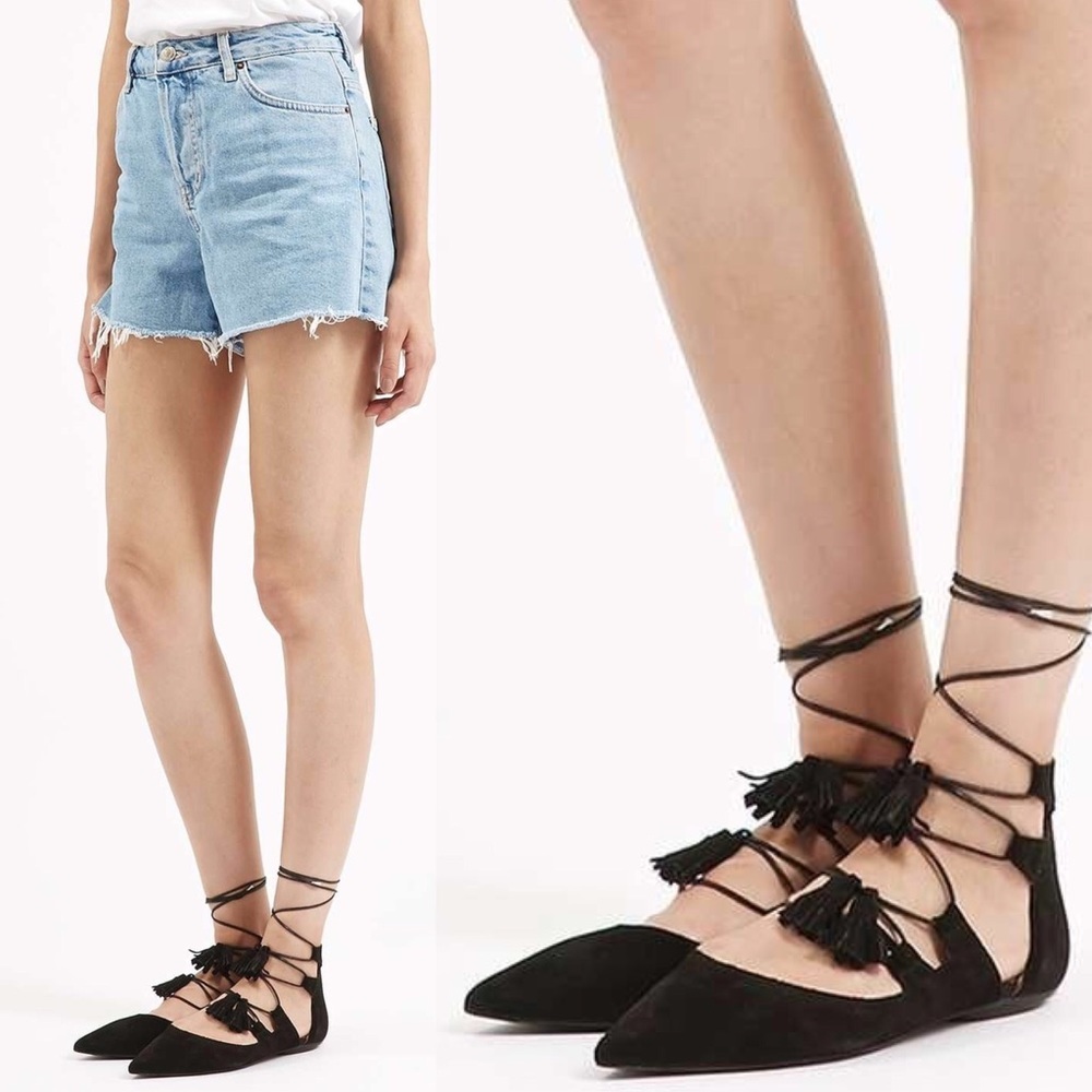 Topshop Kiss Ghillie Tassel Gladiator Flats Black Women's Size US 7